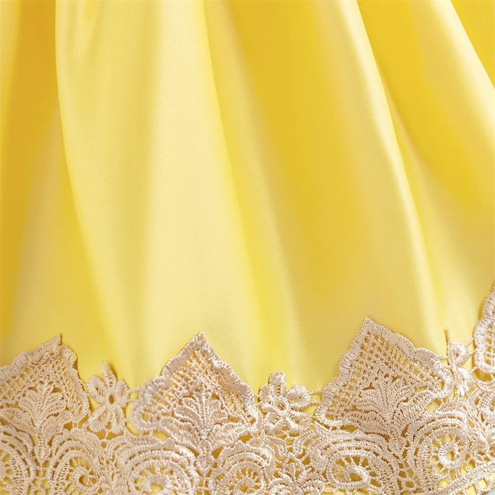 Girls 2pcs Snow White Cosplay Princess Dress Baby Girl Yellow Lace Disney Party Dresses Baby 1st Birthday Baptism New Tutu Gown