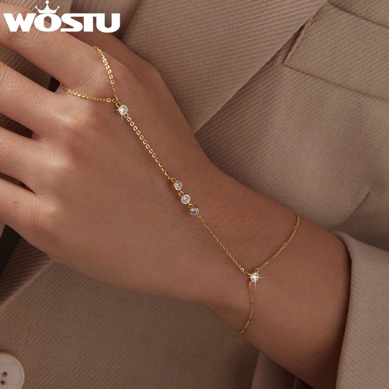 

WOSTU стерлингового серебра 925 пробы, 18-каратное золото, кольцо-цепочка, браслеты для женщин, блестящий циркон AAA, браслет-манжета, ювелирные изделия