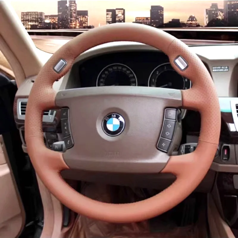 Hand-Stitch Side Perforation Grey Color Leather Car Steering Wheel Cover for BMW 7 Series 730 750 740 760 2005 2006 2007