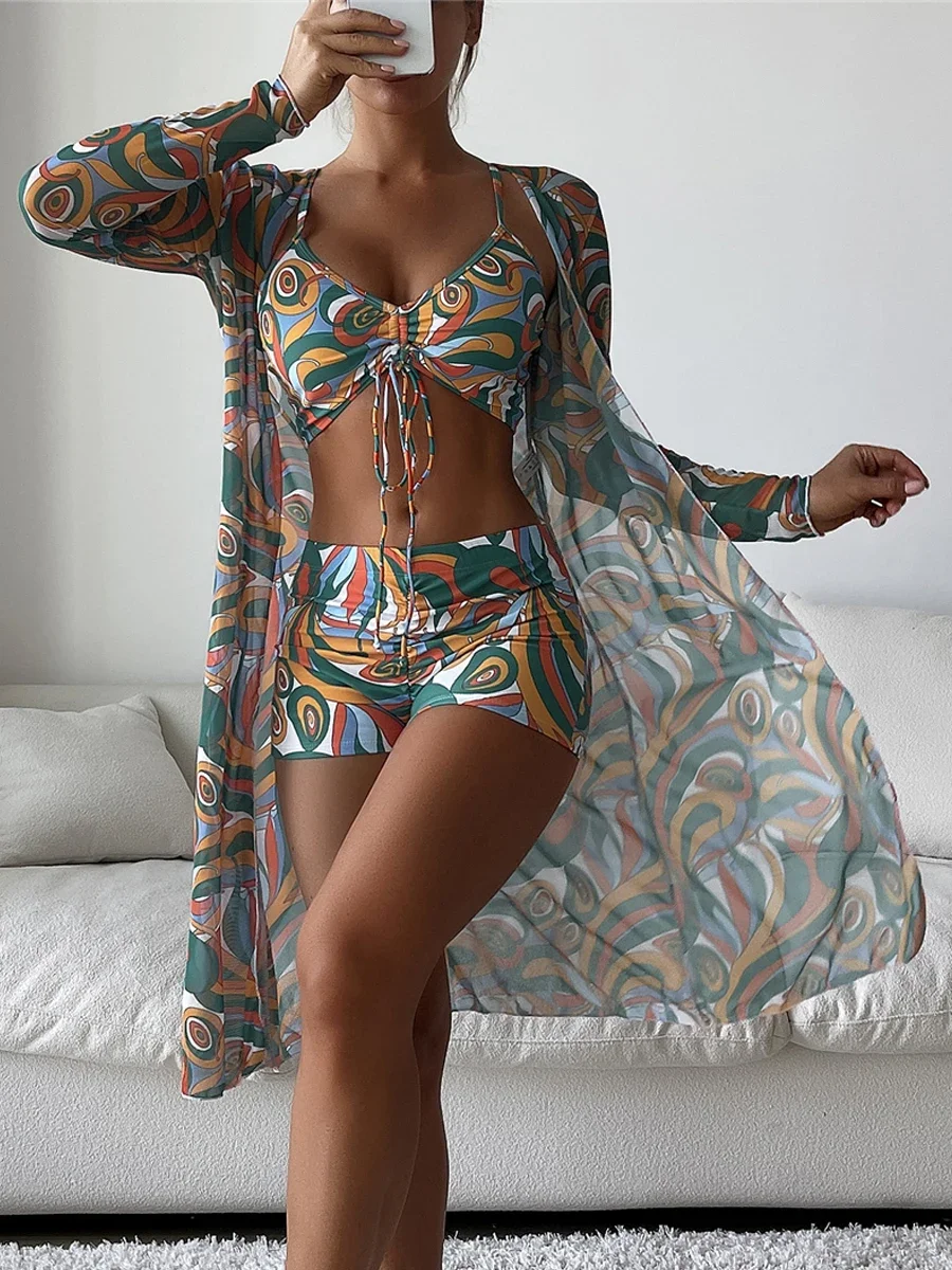 3 Piece Sexy Printed Bikinis 2025 Women High Waist Swimsuit Cover Up Swimwear Female Lady Bathing Suit Swimming Summer Beachwear