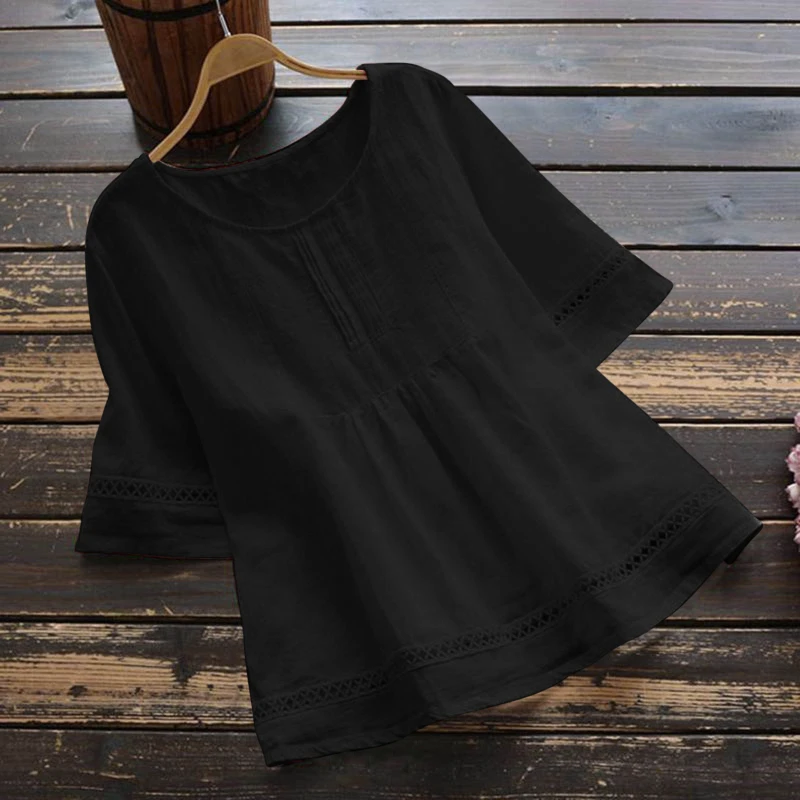 New Women's Elegant Cotton and Hemp Shirt Solid Color Casual Round Neck Hollow Half Sleeve Splicing Fashion Women's Top image 4
