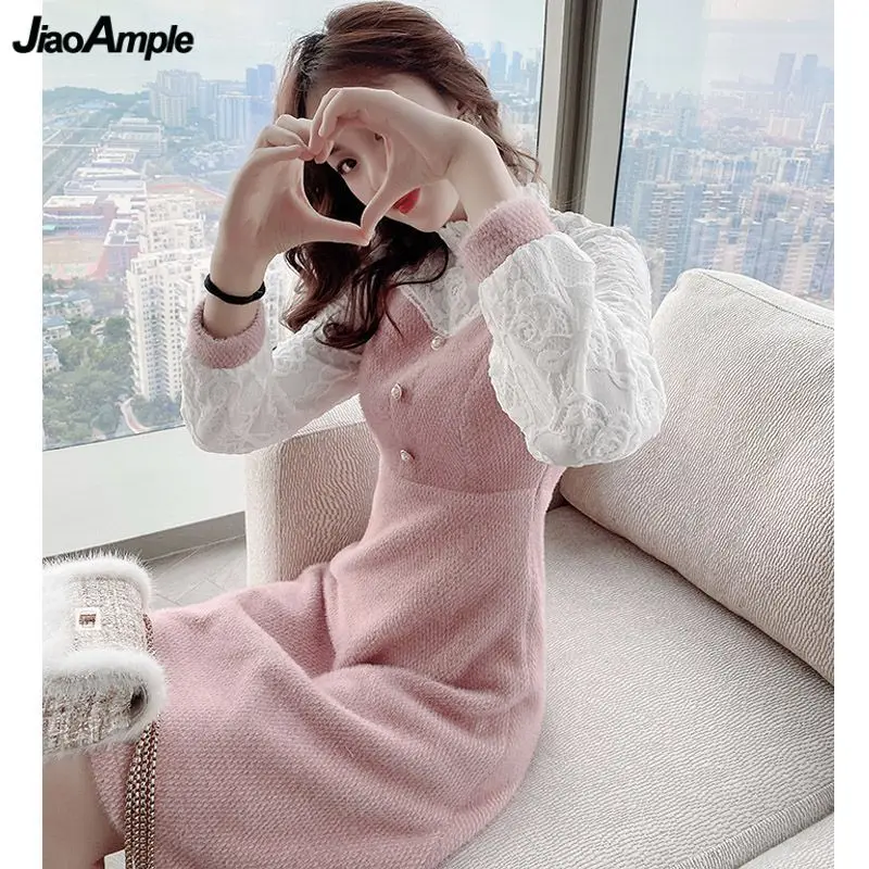 

Women Sweet Pink Lace Patchwork Mini Dress 2024 Spring Autumn Winter Long Sleeve Graceful Dresses Lady Dinner Party Elegant Gown