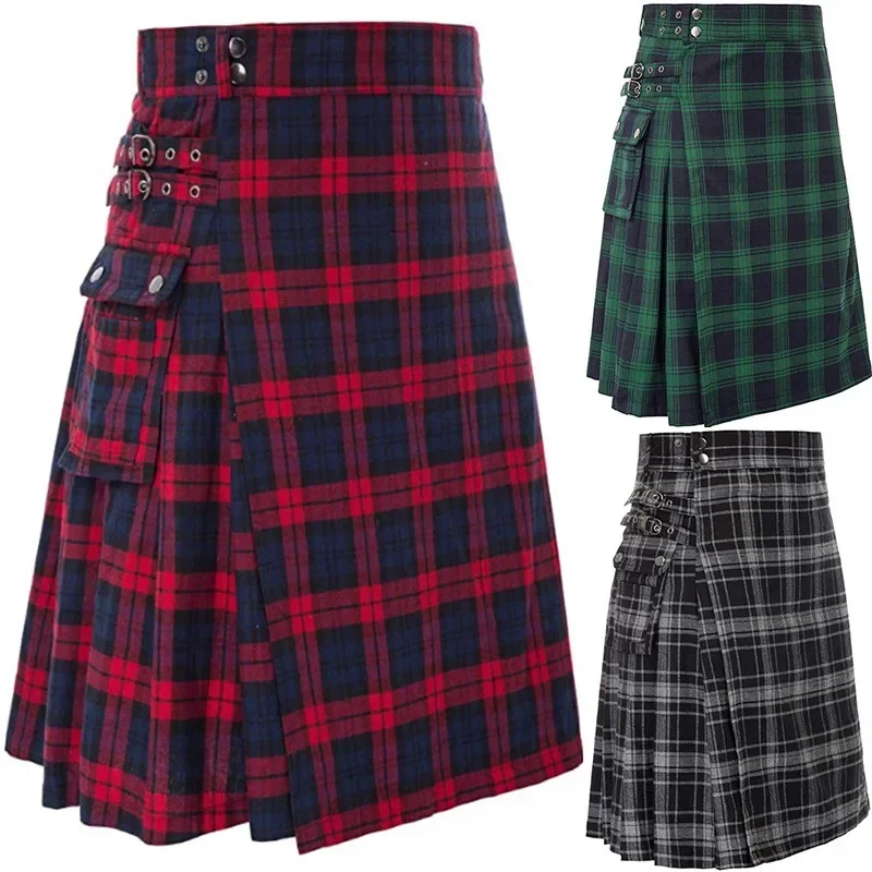 Men\'s Scottish Festive Skirt Men\'s Check Contrast Pleated Skirt