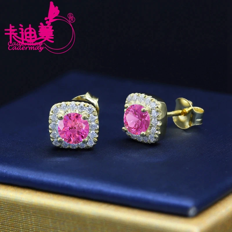 Pigeon Ruby 5mm Lab Grown Pink Sapphire With Inclusions S925 Silver Plated 18k Yellow Gold Earrings  For Women Fine Jewelry