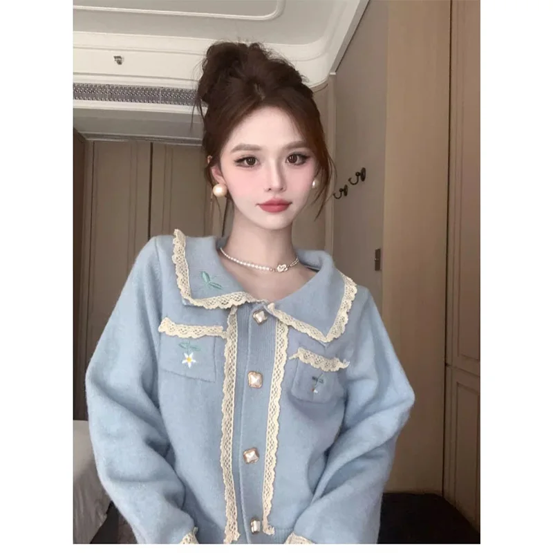 Women Autumn Winter Temperament Elegant Button Embroidered Color Blocking Knitting Women Clothes Turn-down Collar Pocket Sweater