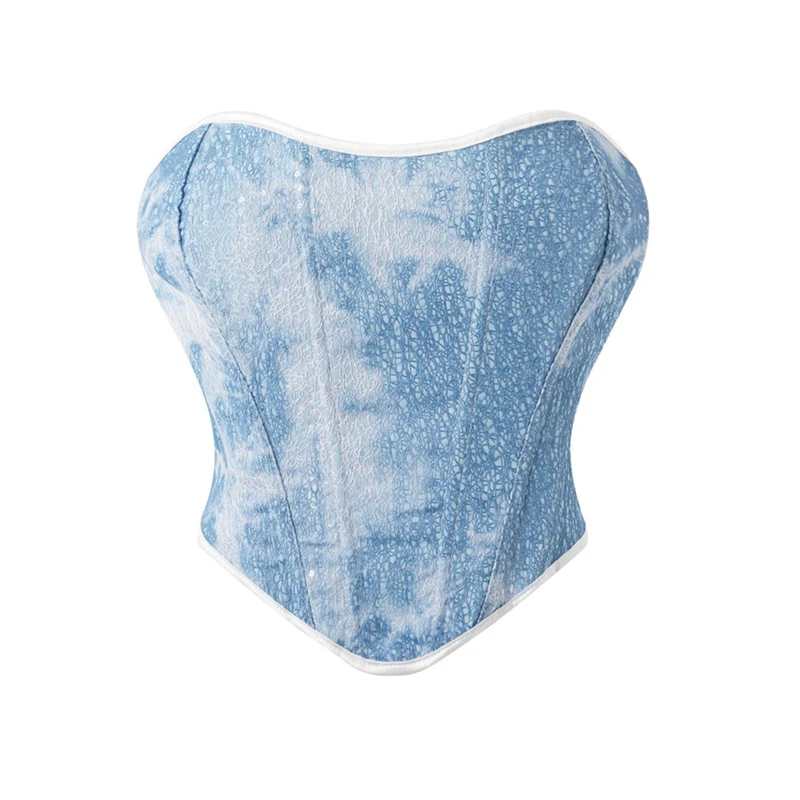 

Women Sleeveless Off Shoulder Overbust Corsets Crop Tops Blue Lace Up Korsett Bustier Vest Gothic Body Shaper Corselet Lingerie