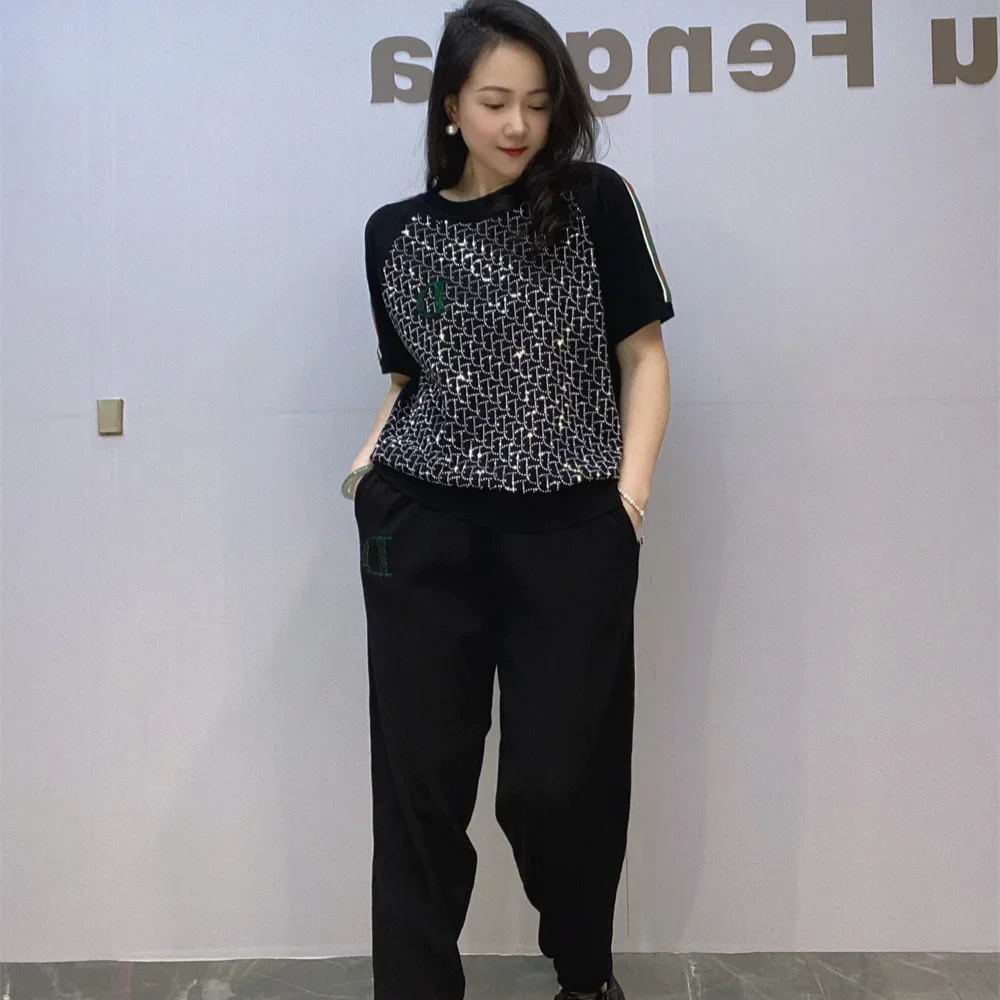 2024 Summer Women Two-piece Set Shiny Letters Hot Drilling Short Sleeve T-shirt Top + Casual Harem Pants Knitted Suits