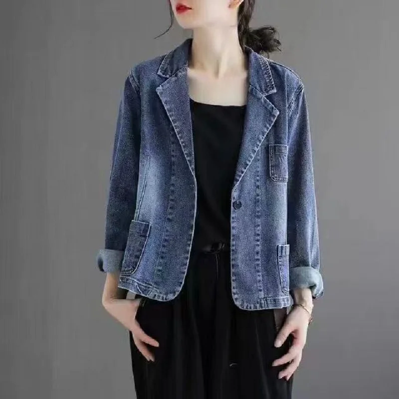 Women Blazers Spring and Autumn Outwear Denim Coat Single Botton Pockets Jacket