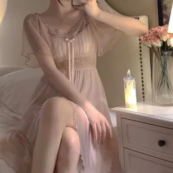 Spring Nightdress Women Lace Sweet Nightgown Home Dress Pajamas Summer Girl Princess Style Soft Sleepwear Nightwear Outwear