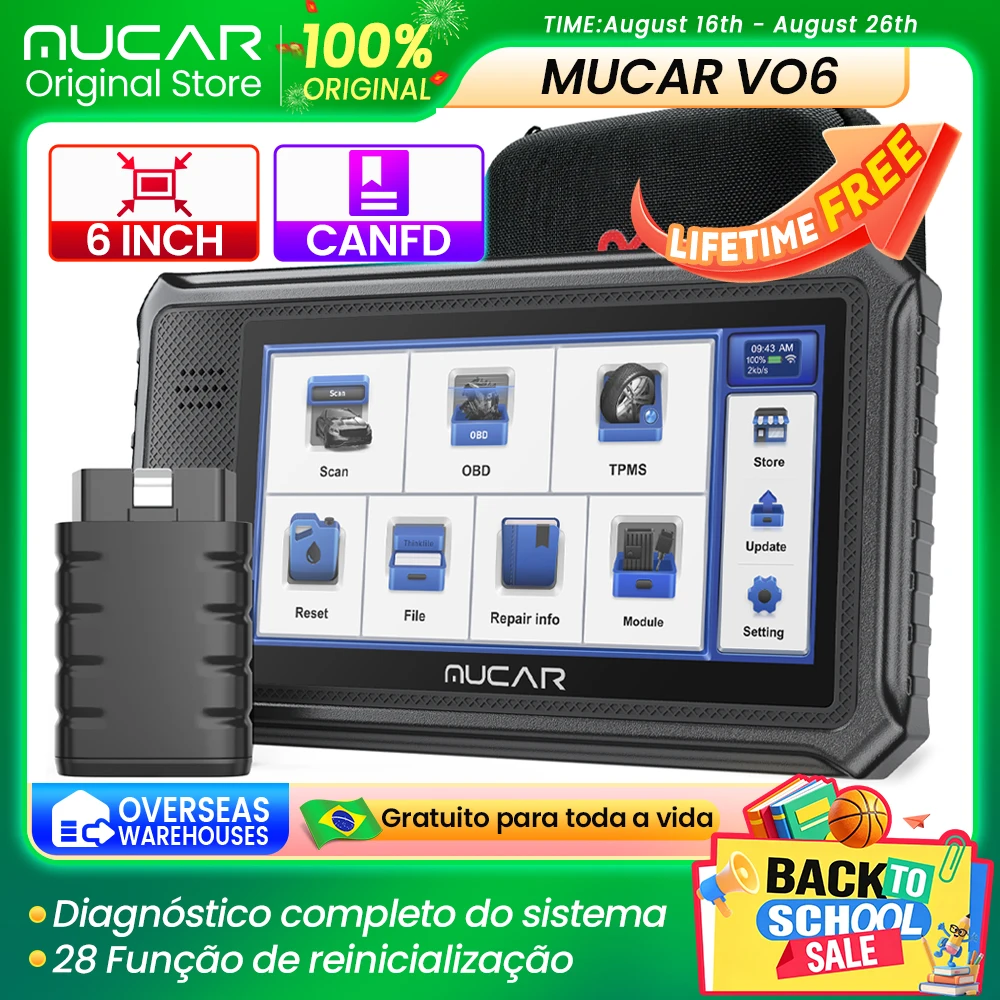 MUCAR VO6 Ferramenta de Diagnóstico Automotivo OBD2, Scanner de Sistema Completo, Leitor de Códigos, Ferramentas de Análise de Óleo, Atualização Gratuita Vitalícia