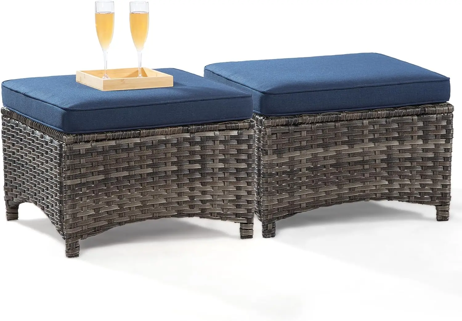 Ottomans ao ar livre para pátio, Conjunto de 2 PE Wicker Steel Frame, Footstool com almofadas removíveis Olefin para jardim