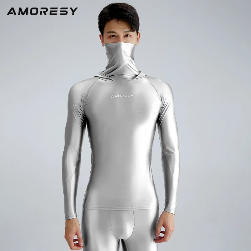 AMORESY Men Spandex Tight-fitting Athletic Hooded Tops High Elastic windproof Breathable Gym Trainning Running Fitness T shirt