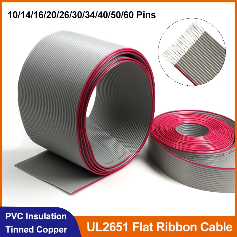 

1/2/5/10M UL2651 Gray Flat Ribbon Cable 10/14/16/20/26/30/34/40/50/60 Pins 1.27mm Pitch 28 AWG Wire For 2.54mm FC IDC Connector