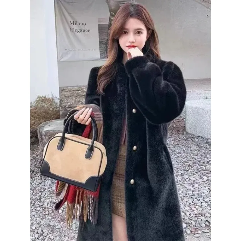 Mink Fur Coat for Women Standing Collar Long Fur Integrated Eco-friendly Jacket Warm Windbreaker Autumn  Winter New Trench Coat