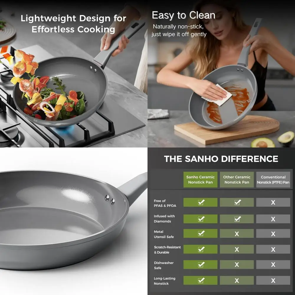 

12 Nonstick Frying Pan with PAS & POA Coating, Induction Ready, Cool-Touch Bakelite Handle, Gray