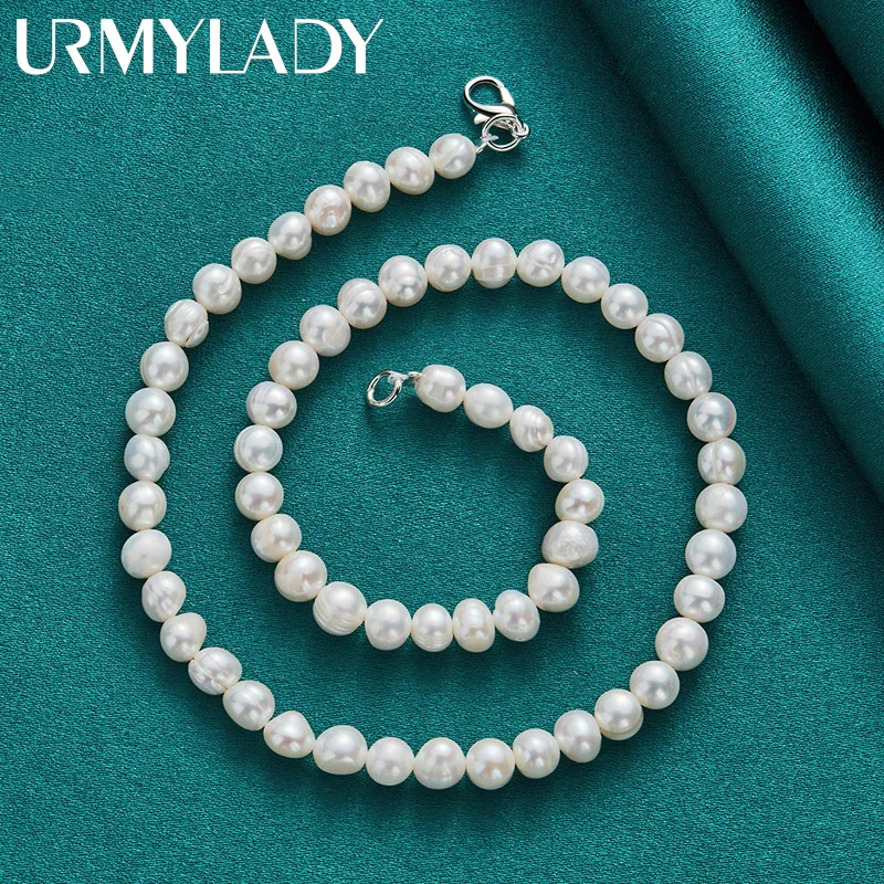 URMYLADY 925 Sterling Silver 7-8mm Pearl Chain Necklace Lobster Clasp For Women Man Wedding Fashion Engagement Jewelry