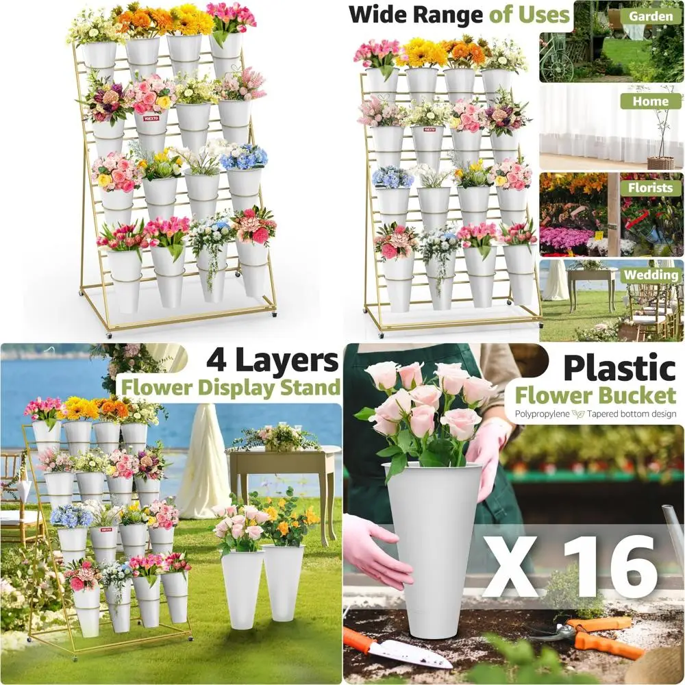

4-Tier Rolling Metal Plant Stand with 16 Round Buckets for Outdoor Gardening and Terrace Displays