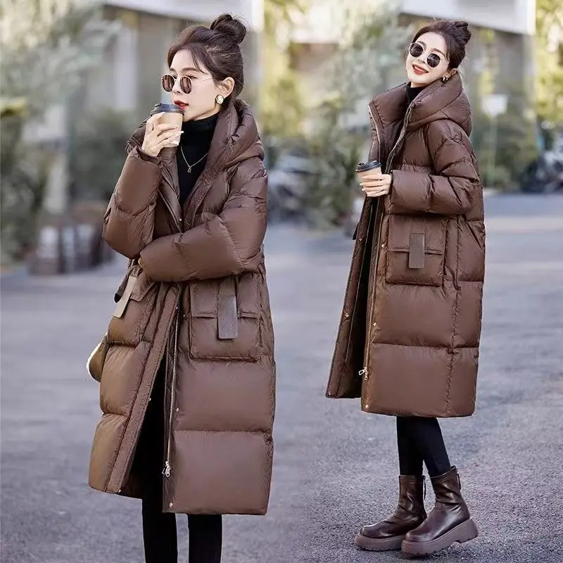 Down Jackets Women Vintage Winter New Warm Hooded Midi Parkas Zipper Pocket Korean Loose Solid Thicken Cotton Thermal Lady Coats