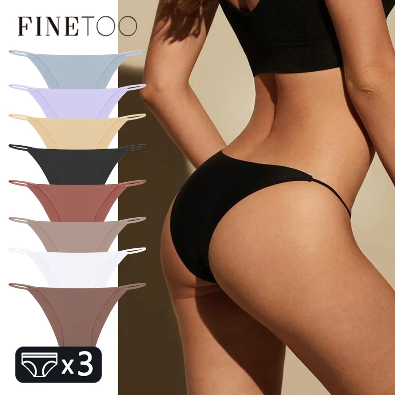 FINETOO 3PC Ice Silk Underwear for Women Sexy Seamless Briefs Low Waist Stretch Bikini Panties Female Solid Comfortable Lingerie