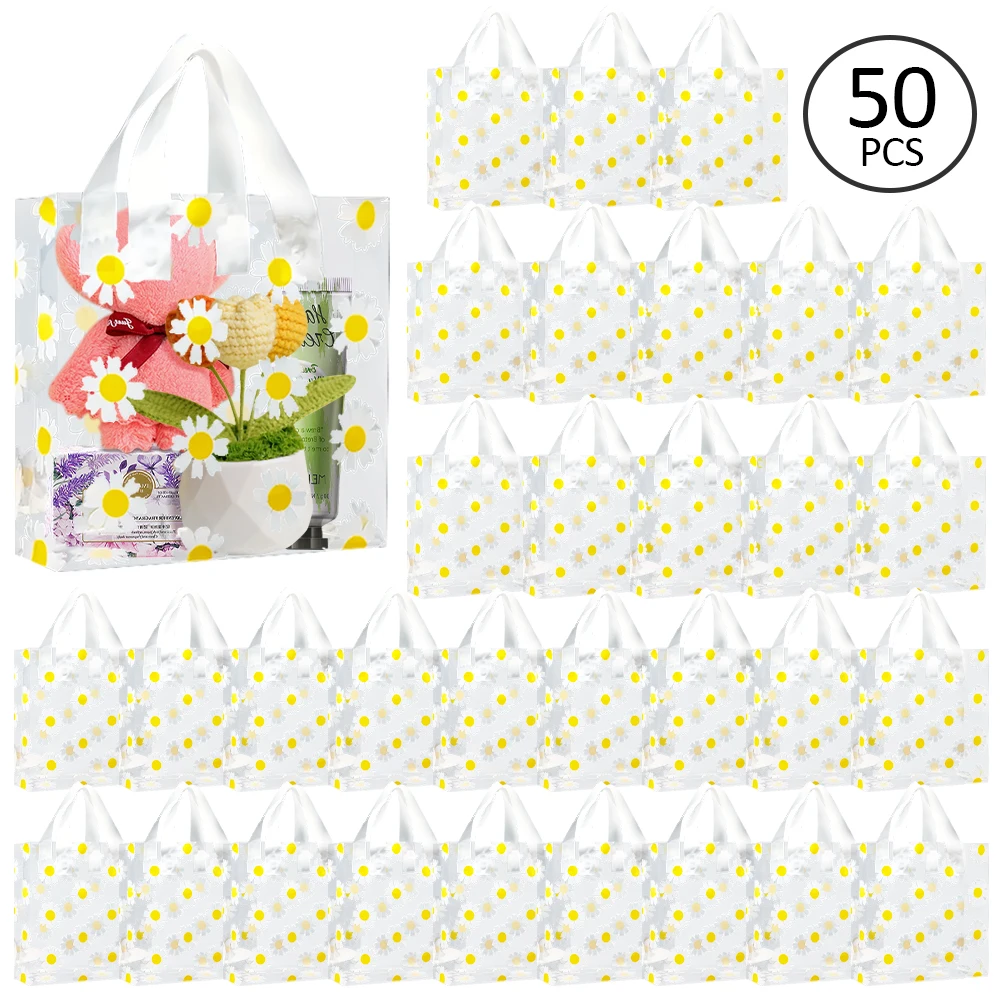 

50pcs Clear Gift Bags, Daisy Gift Bags PVC, Clothes Bags, Holiday Birthday Party Gifts, Shopping Wrap Store Retail Supplies