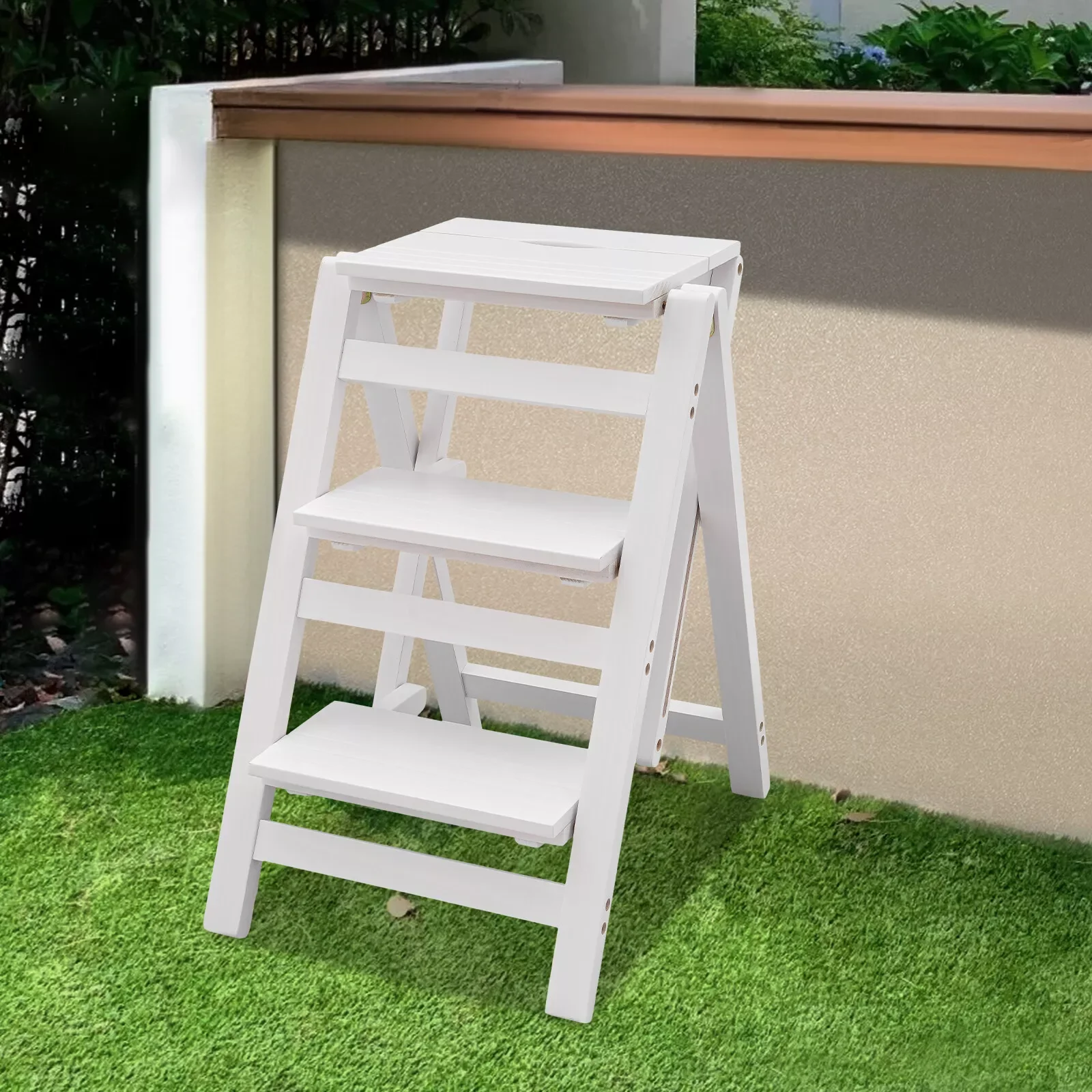 Folding Step Ladder 3-Layer Folding Wooden Step Stool Anti-Slip White 100kg