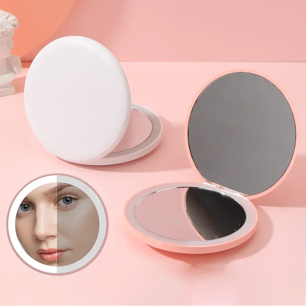 Mini LED Light Cosmetic 2 Side Folding Makeup Mirror Pocket Women Luminous Effect Reapplied Makeup Tools