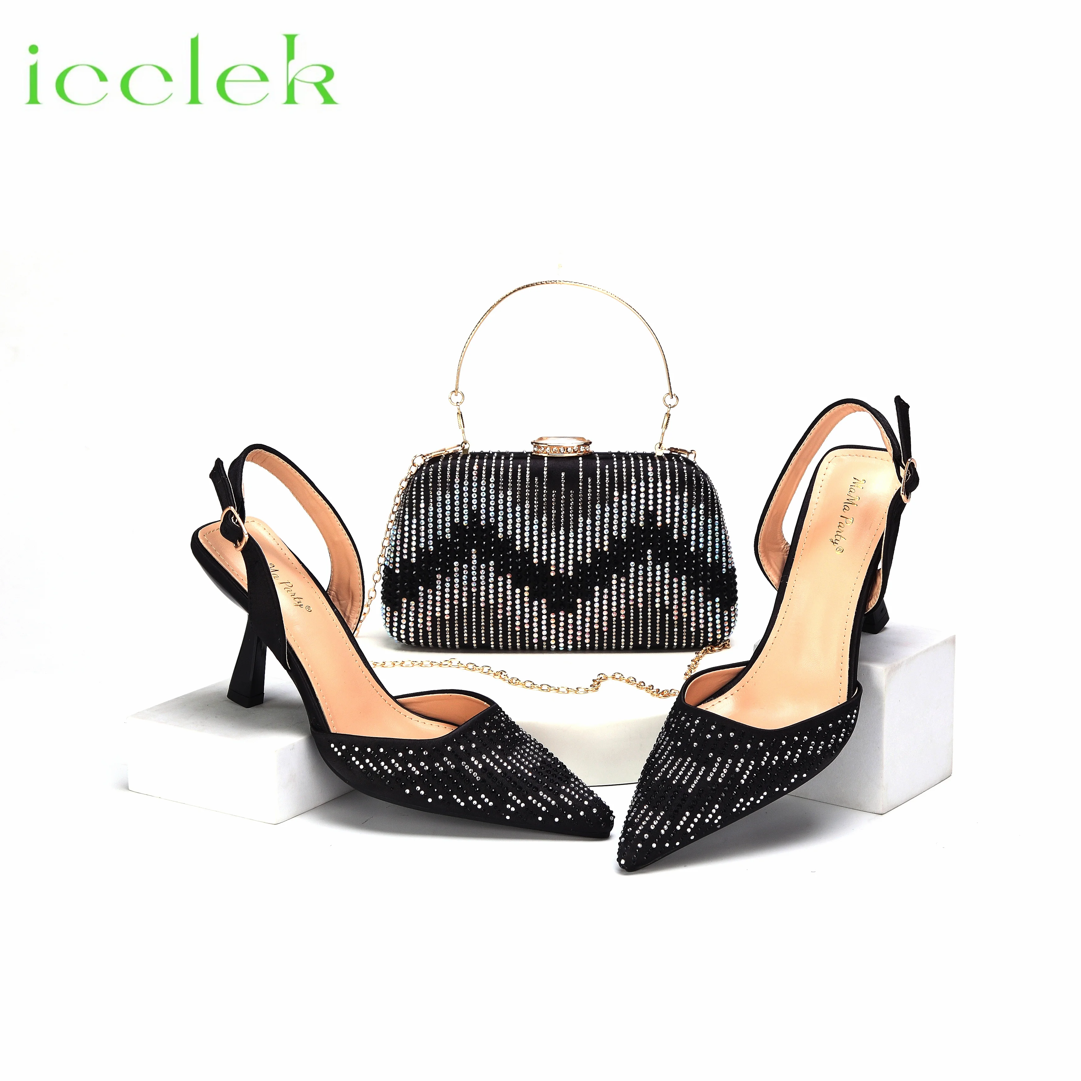 Black Color Pointed Toe Hot Selling 2024 Nigerian Ladies Shoes Matching Bag Set For Luxury Wedding Party Pump