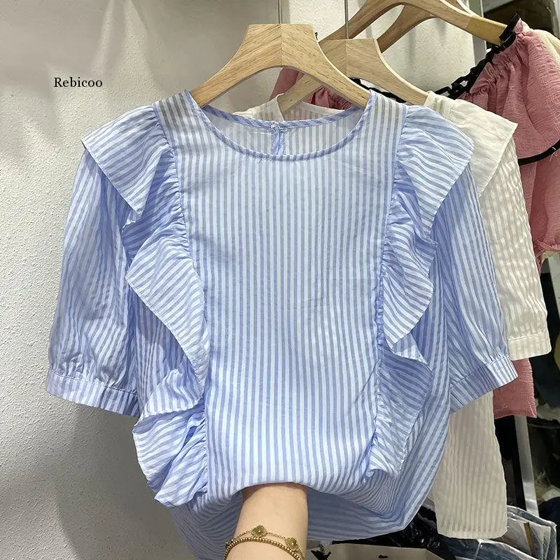 

New Autumn Women Blouse Vertical Striped Stand Collar Long Sleeve Shirts Women Casual Ruffles Tops