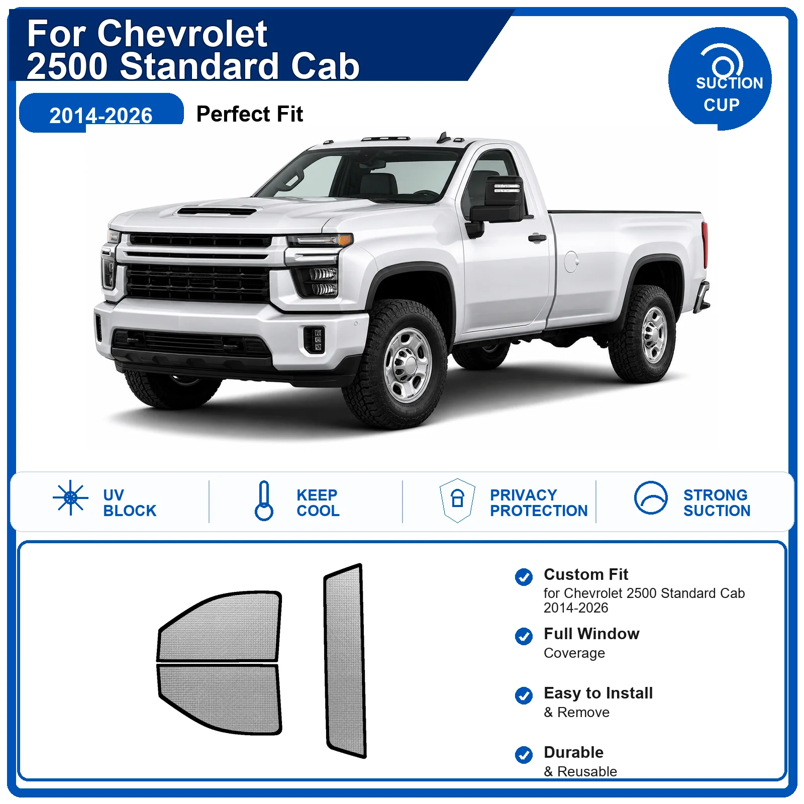 For Chevrolet 2500 Standard Cab 2014-2026 Custom Full Set Windshield Sun Shade Aluminum Foil Heat Insulation Anti UV Foldable