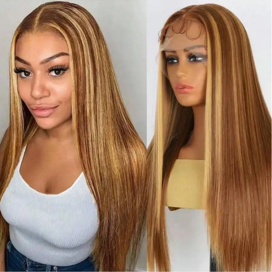 

P4/27 Honey Blonde Bone Straight Highlight 13x6 Lace Frontal Wig Human Hair 40 30 Inch Ombre Brown Colored Wig Brazilian Hair