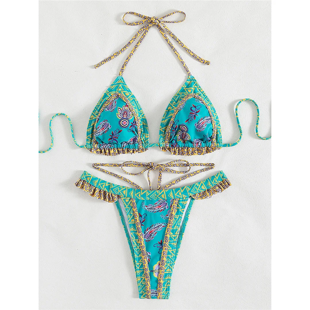 5 Farben, sexy, bedruckter Bikini mit Rüschen, Damen-Badebekleidung, zweiteiliger Bikini, Badeanzug, Badebekleidung, Modell V4651. – Detail 19