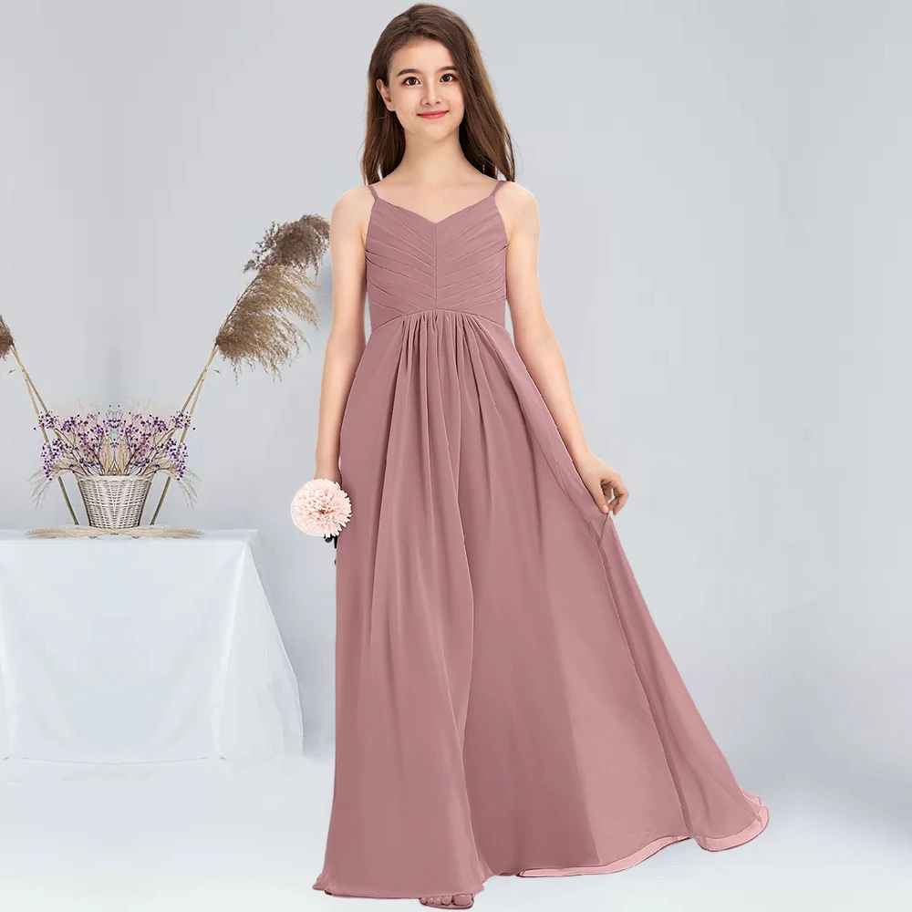 

A-line V-Neck Floor-Length Chiffon Junior Bridesmaid Dress Vintage Mauve Flower Girl Dress for Weeding Communion Dress for Kids