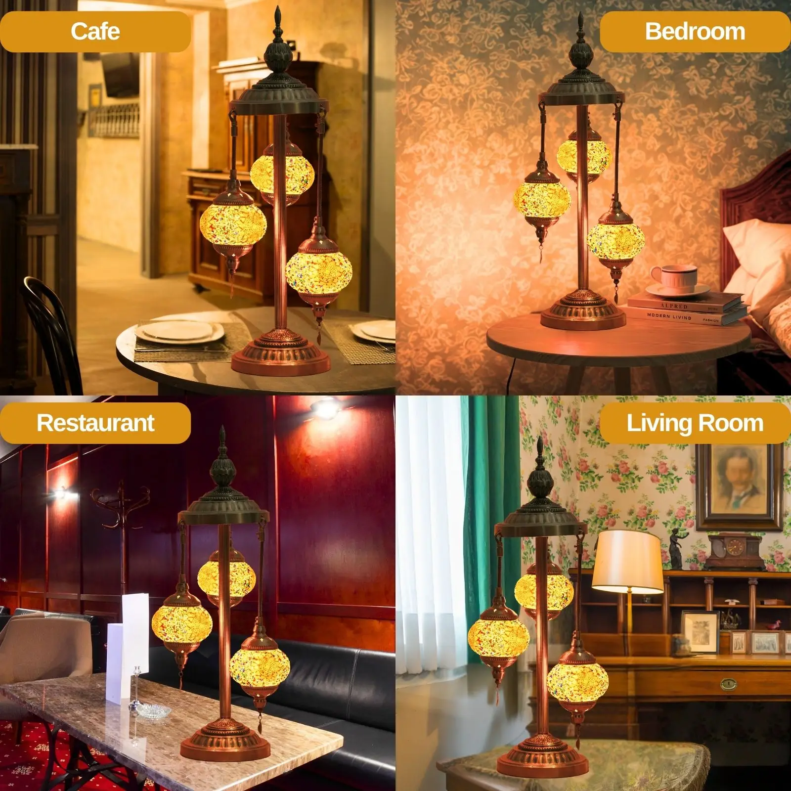 Turkish Mosaic Table Lamp 29.5" - 3 Globe Handmade Bohemian Glass, Metal Base Mood Lighting with LED Bulbs, Living Room