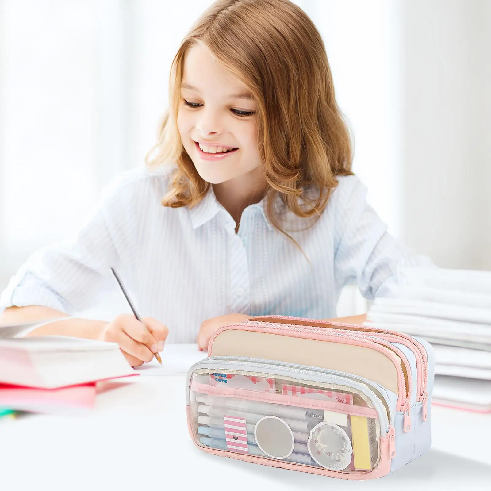 3- طبقة سعة كبيرة قلم رصاص الحقيبة قماش القلم حقيبة التخزين مع 3 مقصورات القرطاسية المدرسية كيس التخزين للفتيات