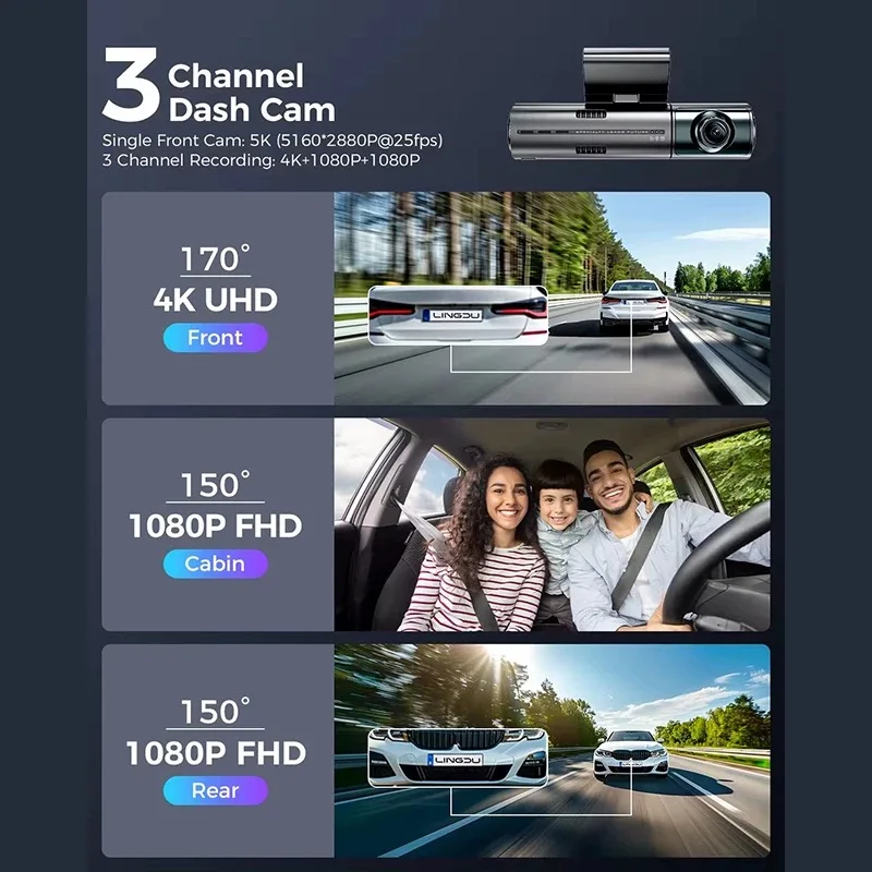 LINGDU LD08 5K Dash Cam for Cars 3 Channel Car DVR Built in 128GB eMMC Storage With GPS ADAS Video Recorder WiFi Voice Control