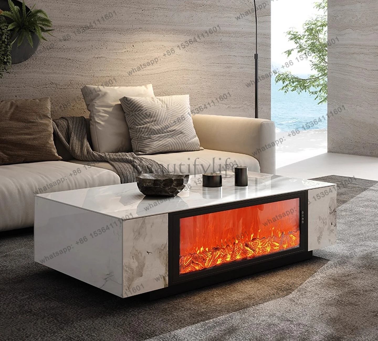 Living room 3D electronic fireplace decoration simulation flame integrated floor slate light luxury coffee table