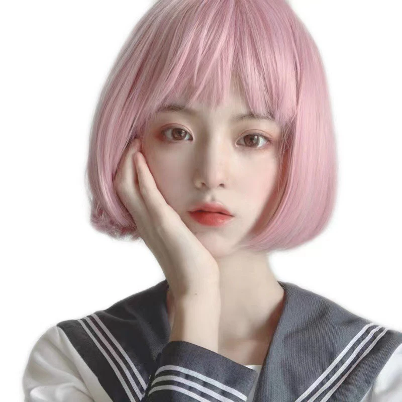 Festa mulher colorido bob corte de cabelo barra vestir-se moda curto cabelo reto senhora diário uniforme escolar jogo ar franja cabelo curto