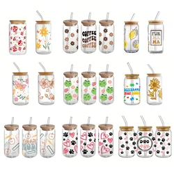 16oz Clear 3D Printed Sublimation Glass Cup With Bamboo Lid And Glass Straw Drinking Cups With Waterproof Sticker Muti-Pattern