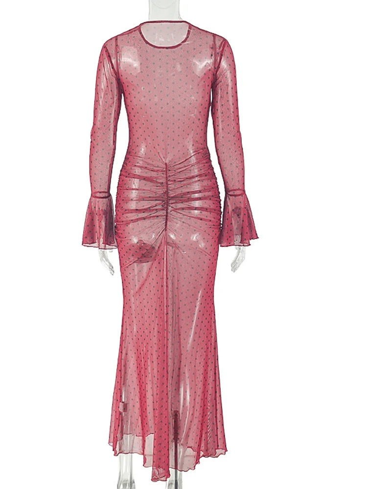 Beyprern Women's Red Polka Dot Sheer Mesh Ruched Maxi Dress Sexy Print Flare Sleeves Bodycon Evening Clubwear Gown