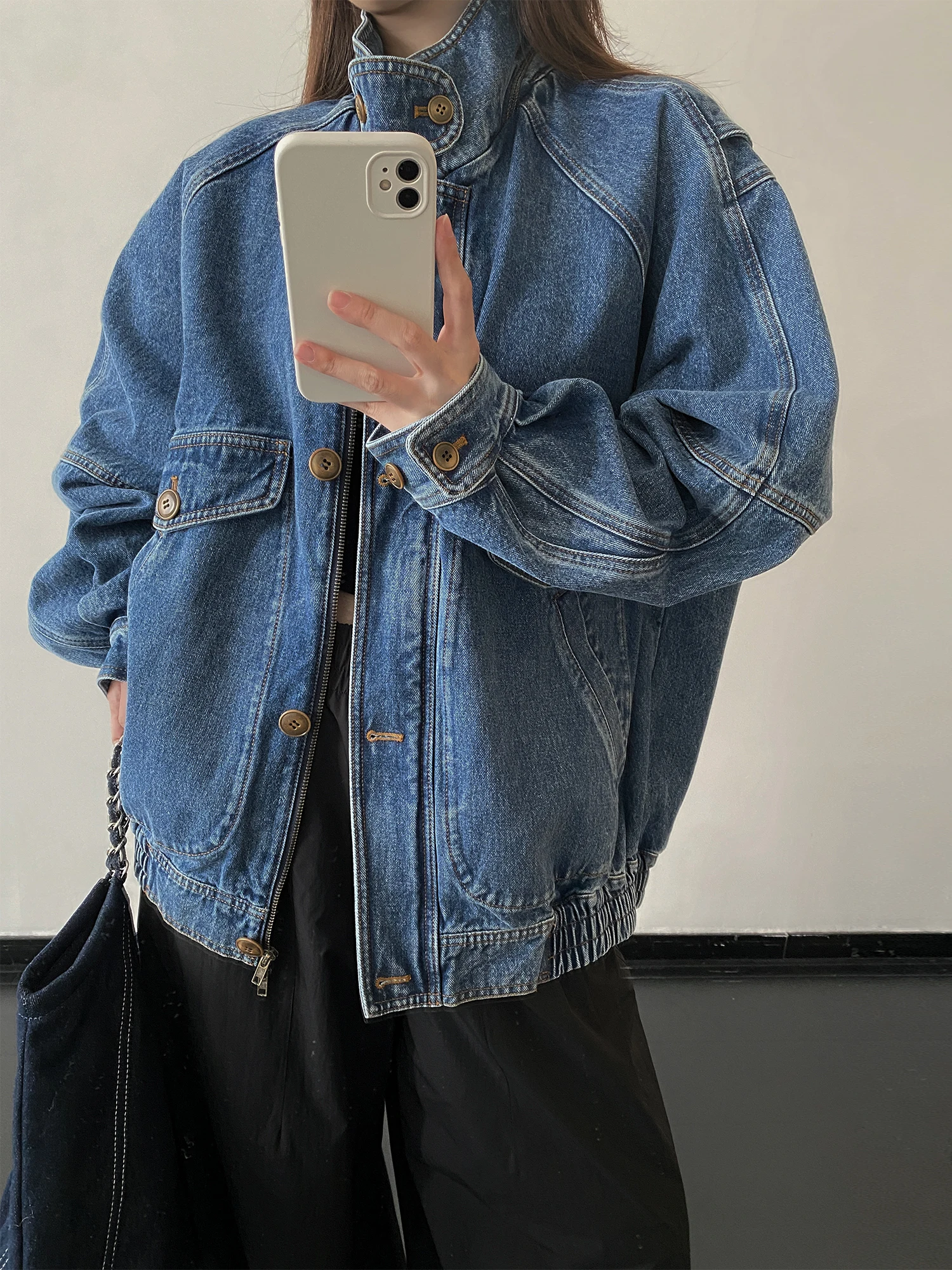 

Waed Denim Texture Pilot Jaet Women's Loose Fit Long Sve Turn-down Collar Contrast Color ape North European Mid-cent...