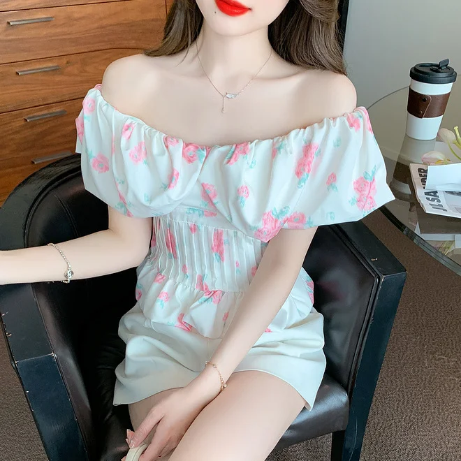 2025 été nouveau Style Sexy une épaule vacances Style à volants Floral à manches courtes taille petit haut pour les femmes