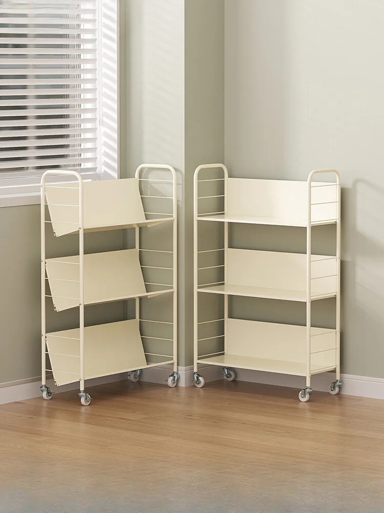 

Bookshelf Floor Shelf Movable Wheeled Children's Small Bookcase Household Simple Cart Snack Storage Rack Wrought Iron