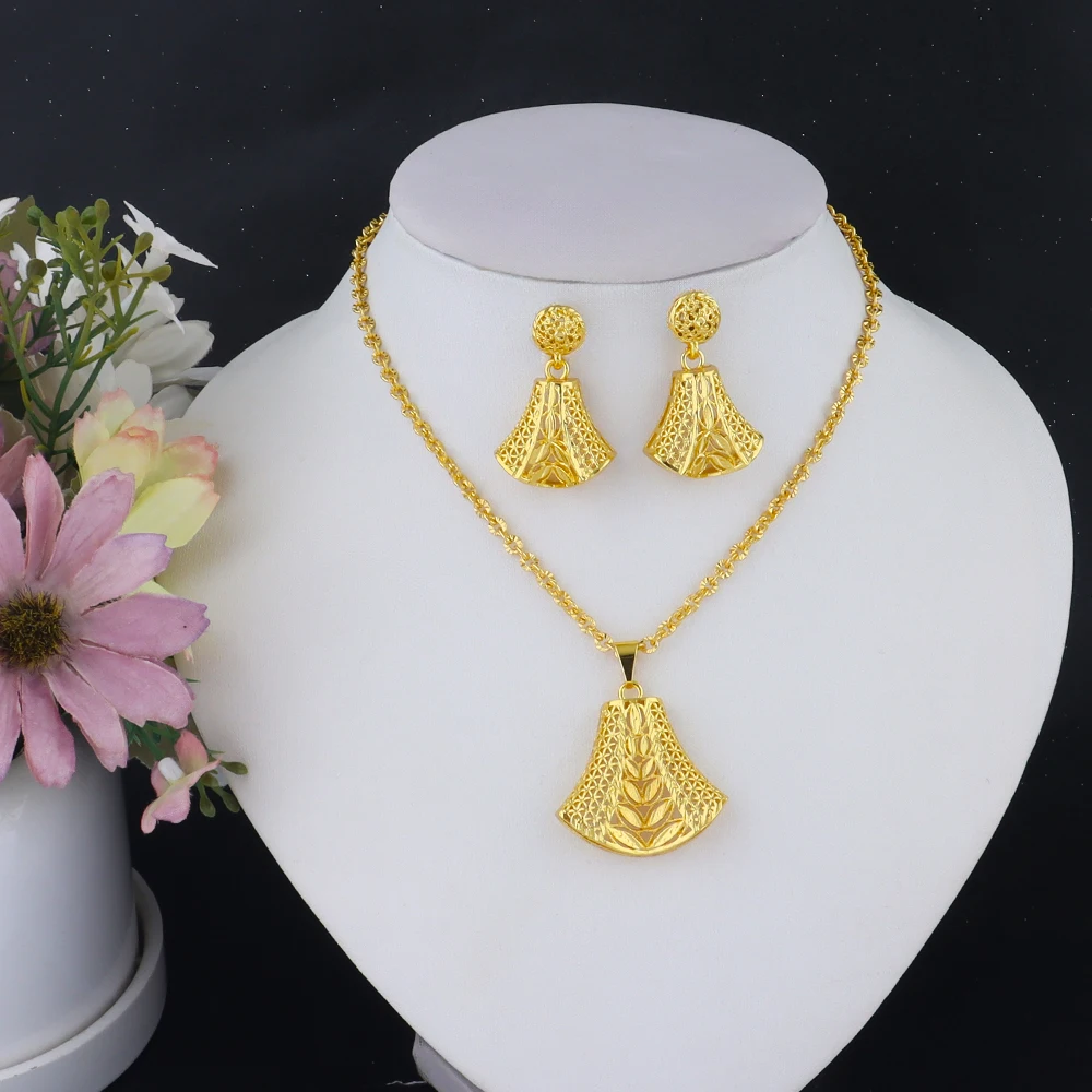 

Dubai 24K Gold Color Jewelry Set african earrings set For Women Two Piece Jewelry Geometry Necklace Earrings Set free shipping