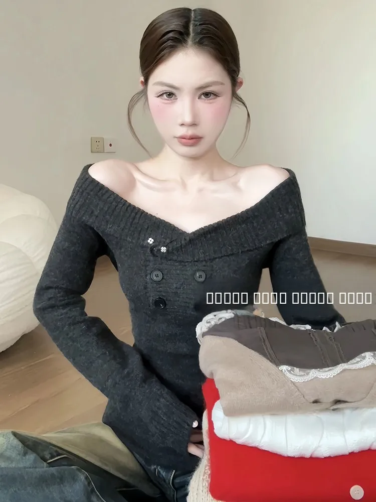 Vネック、肩出し、ロング丈、ニットセーター、レディース、レトロ、スパイシー、スリム、インナーウェア、秋トップス、若い女性向け