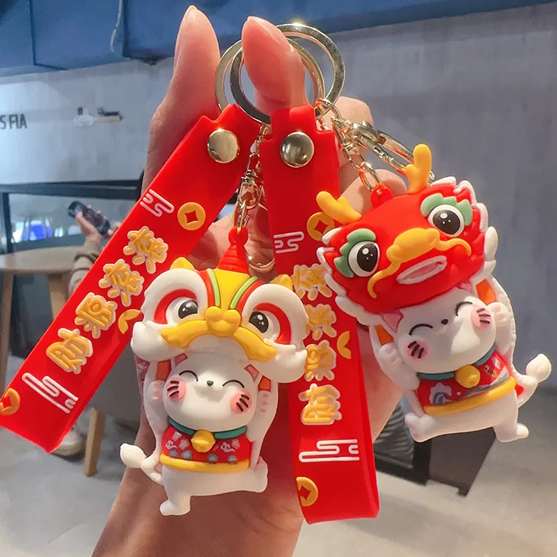 Fun Chinese New Year New Year Waking Lion Head Beckoning Cat Keychain Cartoon Cute Schoolbag Decoration Charms Festive Gifts