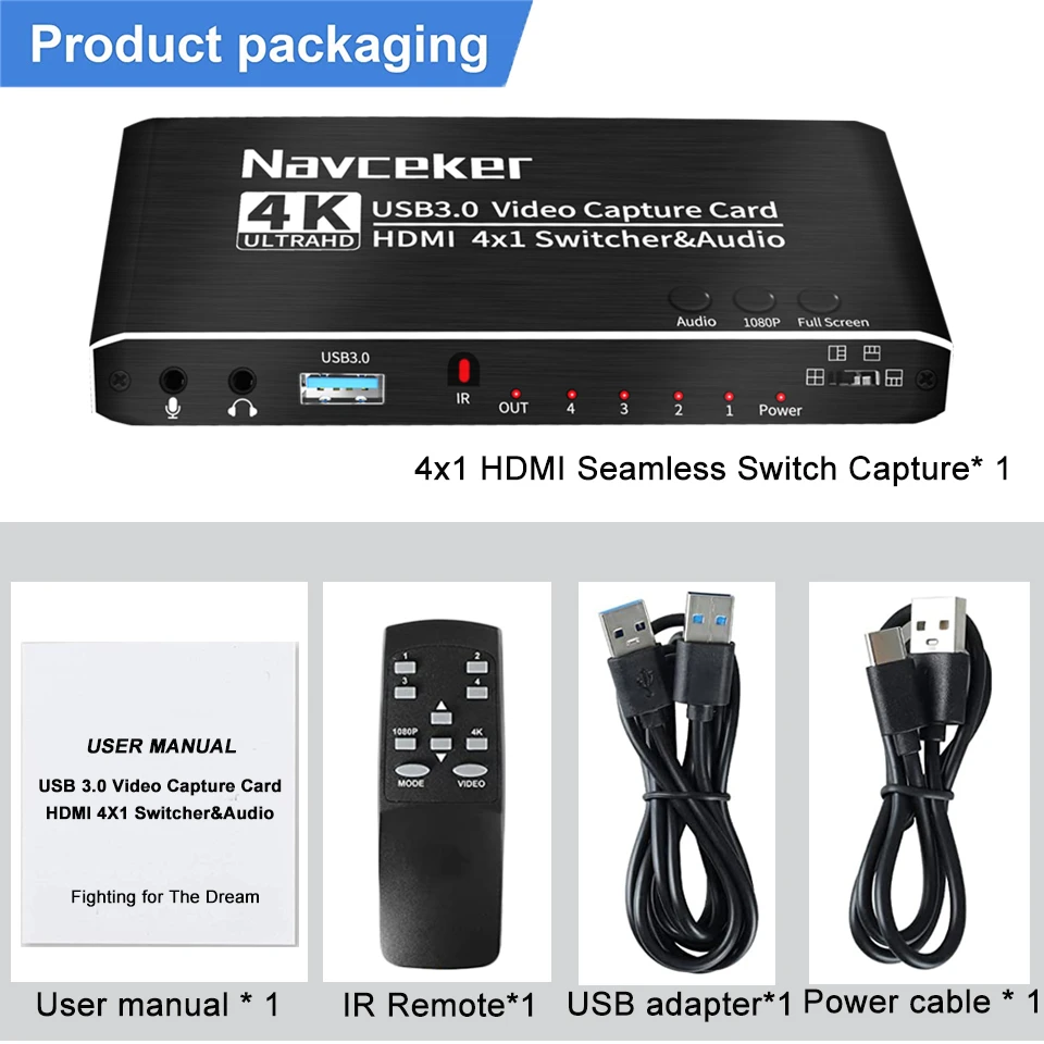 2023 4 Port 4K Video Capture Card USB 3.0 HDMI-compatible Grabber Recorder Seamless Switch for Camera Recording Live Streaming