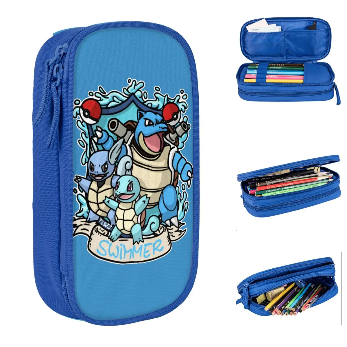 Swimmer Team Shield Pencil Cases Blastoise Squirtle Pokemon Pencilcases Pen Kids Large Storage Bags Office Gifts Stationery