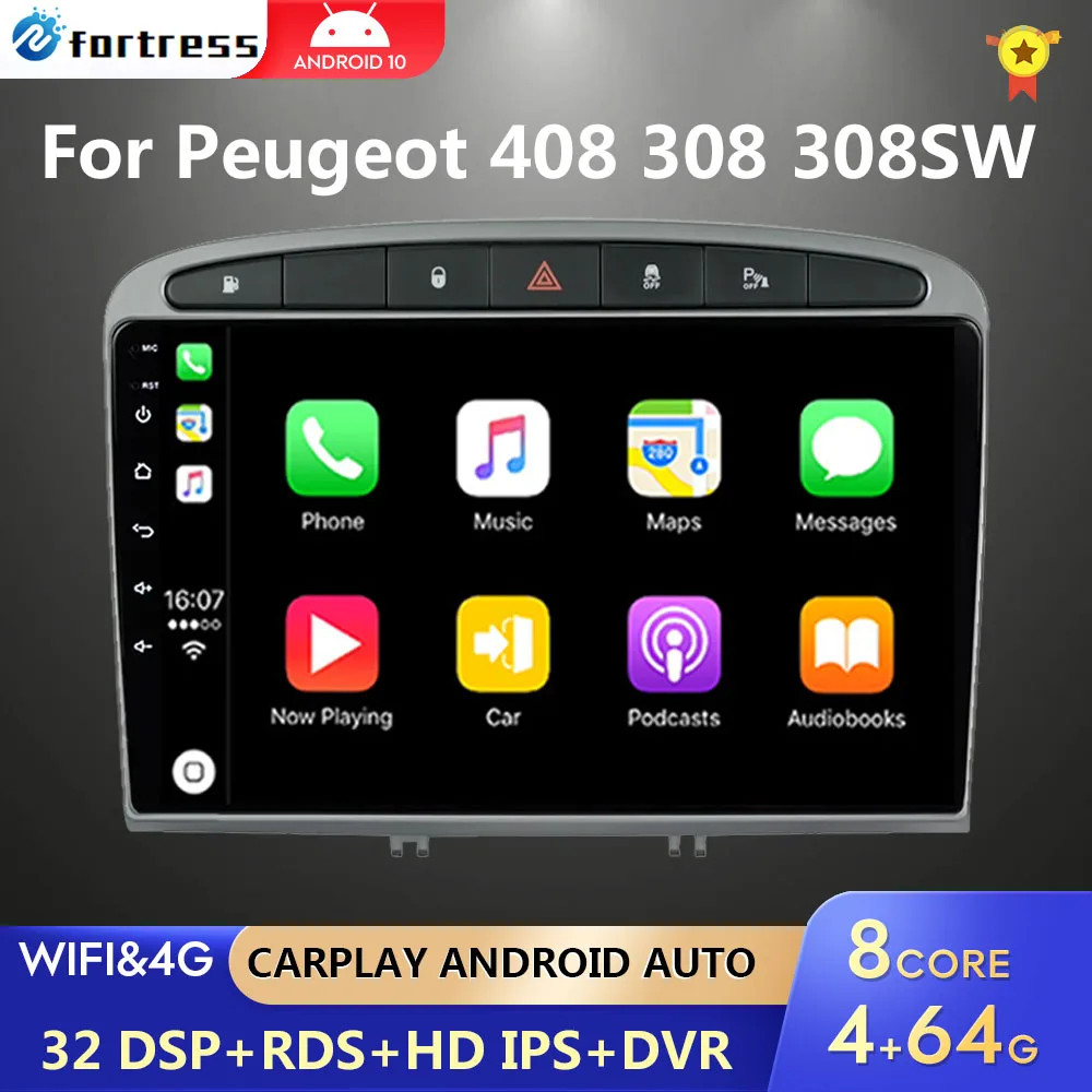 

Автомагнитола для Peugeot 408, 4 Гб + 64 ГБ, Android 10, GPS, RDS, DSP, мультимедийный плеер для Peugeot 308, 308SW, 2din, android, Автомобильный плеер без DVD