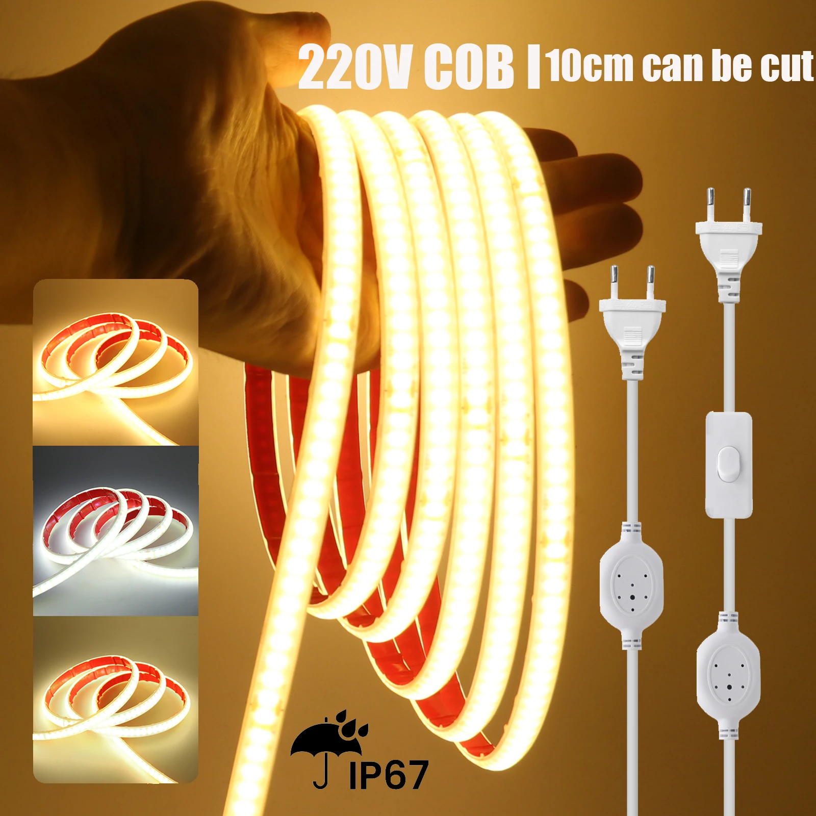 10CM Can Be Cut COB LED Strip 220V Flexible Ribbon Tape 240LEDs High Density Linear Light Waterproof Rope Light Home Decor