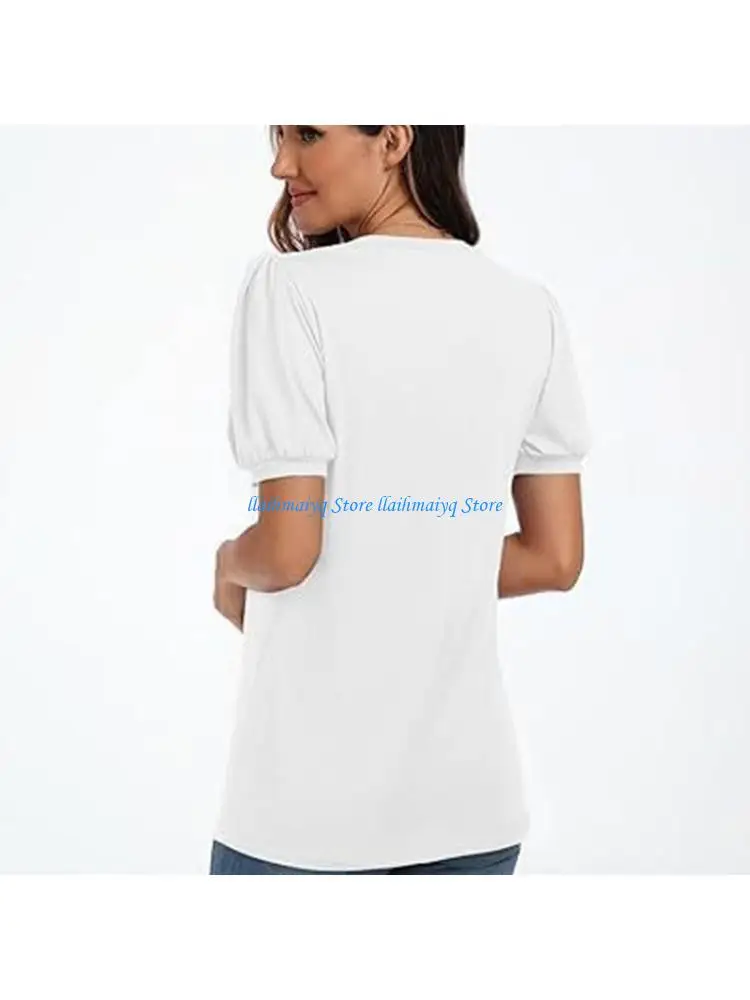 

573B Puff Short Sleeve Pullover Top for Women Neck Pleated Front Loose T-Shirt